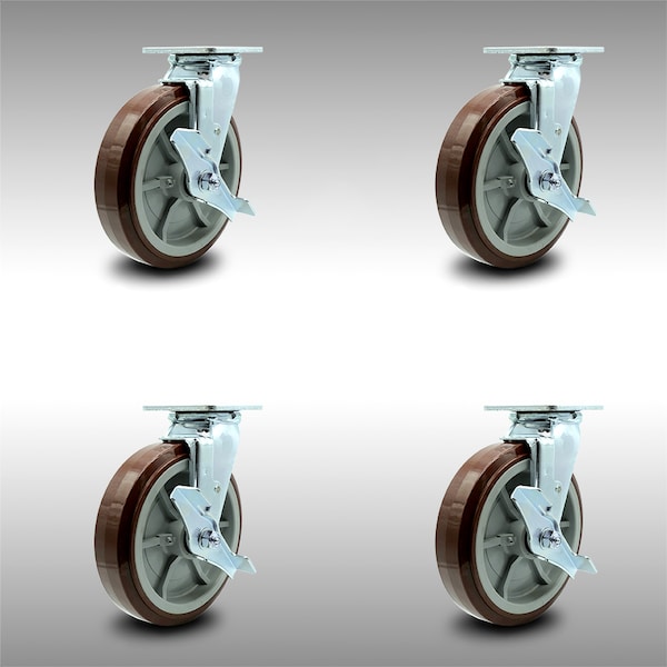 8 Inch SS Polyurethane Caster Set with Roller Bearings and Brake/Swivel Lock SCC